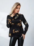 Runhufu Women's Spring Autumn Blouses Retro Leopard Print Long Sleeve Mock Neck Pullover Tops OL Business Basic Shirts