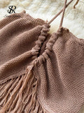 Runhufu Summer Knitted Beach Two Pieces Sets Women Halter Backless Camis+Wide Legs Long Pants Tassel Hollow Out Bohe Suits