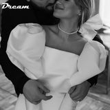 Runhufu Long Bubble Sleeves Satin Micro Wedding Dress Simple Square Neck Above Knee Mini Length Retro Bridal Gowns