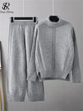 Runhufu Women Casual Fashion Sweater Sets Turtleneck Loose Thick Knit Top+Elastic Wide Leg Long Pants Winter Two Pieces Suits