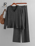 Runhufu Autumn Loose Two Pieces Sets Women Twist Striped Sweater+Wide Legs Thick Long Pant Home Wear Casual Knitted Suits 2024