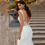 Runhufu High Split Mermaid Wedding Dress Fashion V-Neck Sleeveless Satin Bride Party Spaghetti Straps Backless Button Robe Mariée