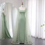 Runhufu Said Luxury Blue Mermaid Dubai Evening Dresses with Cape Sleeves Sage Green Elegant Arabic Women Wedding Party GownsSS445