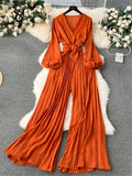 Runhufu V Neck Jumpsuits for Women Long Puff Sleeve Belt Design Loose Wide Legs Pleated Pants Streetwear Fashion OL Bodysuits