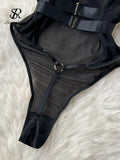 Runhufu Sexy Hollow Out Playsuits Female Strap Transparent Thin Slim Jumpsuits 2024 Summer Mesh Lace Halter Club Bodysuits