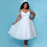 Runhufu Plus Size New Wedding Dresses Off Shoulder Bridal Gowns Spaghetti Straps Dot Tulle Tea Length Short Vestido De Novia