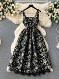 Runhufu Temperament Embroidery Lace Dress Women Zipper Belt Off Shoulder Sleeveless French Floral Spaghetti Strap Long Dress