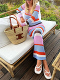 Runhufu Hollow Out Knit Crochet Beach Long Dress Casual Holiday Party Wear Striped Long Sleeve Round Neck Wrap Dress Women