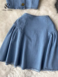 Runhufu Summer Fashion Denim Two Pieces Suits Strapless Sexy Top+ Short A Line Skirt Streetwear Hotsweet Vintage Beach Sets