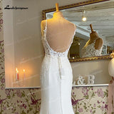 runhufu Boho Mermaid Wedding Dress For Women Sexy Scoop Neck Spaghetti Straps Backless Button Lace Appliques Bride Gown