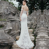 Runhufu Simple Off The Shoulder Mermaid Wedding Dress For Bride 2023 Lace Backless Detachable Sleeves Floral Print Bridal Gown
