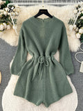 Runhufu Korean Style Casual Bodysuits O Neck Long Sleeves Hollow Out Backless Drawstring Elastic Waist Women Shorts Jumpsuits