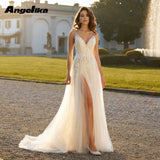 Runhufu Charming High Split Wedding Dresses for Bride A Line Appliques V Neck Sleeveless Button Tulle Vestido De Casamento