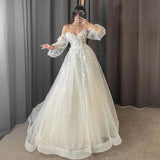 Runhufu Wedding Dresses 2024 Women Sweetheart Puff Sleeves Long Bride Dress Applique Illusion A-Line Sexy Custom Occasion Gowns