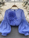 Runhufu Fashion Vintage Court Style Blouse Women Zipper Transparent Three Dimensional Floral Design 2024 Casual Loose T Shirt