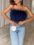 Runhufu Vintage Furry Feathers Bandeau Tube Tops Summer Chic Women Off-Shoulder Crop Tank Tops Strapless Backless Bustiers Tops