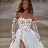 Runhufu White A-Line Wedding Dresses Elegant Lace High Split Appliques Bridal Gowns Boho Beach Sweetheart Wedding Gowns Custom Size