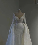 Runhufu White Mermaid Wedding Dresses With Detachable Train Long Sleeves Pearls Wedding Gowns Vestido Blanco Brides Dresses