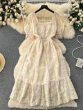 Runhufu High Quality Lace Embroidery Long Dress Women Short Sleeves Mesh A Line Sundress 2024 French Vintage Floral Midi Dress