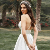 Runhufu Short Wedding Dress for Women Civil A-Line V-Neck Spaghetti Strap Bridal Gown Tea-Length Satin Bridal Gown Robe De Mariee