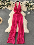 Runhufu American Senior Sequin Jumpsuit Solid Bodycon Long Romper Fashion Halter Neck Swing Collar Backless Sexy Long Rompers