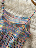 Runhufu Sexy Hollow Out Rainbow Set Knitted Mini Camis Hight Waist Knit Mid Dress Women Streetwear Fashion Two Pieces Suits