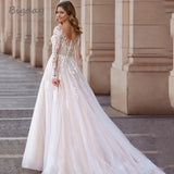 Runhufu V-Neck Wedding Dresses Plus Size Lace Long Sleeve Women White Open Back Tulle Bridal Gown Sweep Train Vestidos De Novia