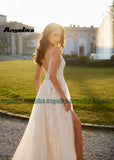 Runhufu Charming High Split Wedding Dresses for Bride A Line Appliques V Neck Sleeveless Button Tulle Vestido De Casamento