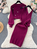 Runhufu Winter Beading Knitted Suits Women Loose Long Sleeve Beading Pullover+ Midi Dress Fashion Warm Sweater Two Piece Sets