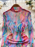 Runhufu American Retro Tie Dye Print Playsuits Stand Collar Long Sleeves Slim Artistic Top Open Crotch Mesh Sexy Bodysuits