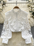 Runhufu French Style Casual Embroidery Blouse Women Long Sleeves Pearl Shirt Fashion Ruffles Cotton Hollow Out Loose Top