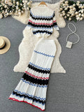Runhufu New Summer Beach Knitted Two Pieces Suits Loose T Shirt+Long Skirt Sets High Street Elastic Waist Striped Casual Sets