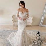 Runhufu Sleeve Mermaid Wedding Dress Boho Beach Wedding Dress Lace Elegant Bridal Dress Applique Simple Wedding Gown Robe Mariage