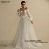 Runhufu Boho Ivory Wedding Dresses For Women 2024 Bride Deep Neck Sexy Full Sleeves A Line Glitter Bridal Gowns Sweep Train New