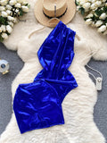 Runhufu One-shouldered PU Leather Bodysuits Women Slim Backless Sexy Bikini+Short Skirt Sets Fashion Solid Beach Playsuits