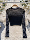 Runhufu Women Beading Sheer Sexy Top O Neck Long Sleeves Transparent Slim Short T Shirt Streetwear Ins Shiny Sequins Blouse