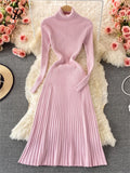 Runhufu Women Pleated Knitted Dress Turtleneck Long Sleeve Elastic Slim Pencil Dress Autumn Winter Sexy Bodycon Sweater Dress