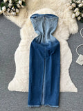 Runhufu Summer Gradient Strapless Sexy Denim Dress Women Sleeveless Bodycon Jeans Sundress Fashion Split Backless Long Dress