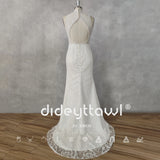 Runhufu Real Picture High-Neck Sleeveless Lace Mermaid Wedding Dress Cut Out Back Sweep Train Bridal Gown Custom Made