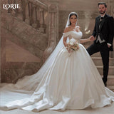 Runhufu Vintage Glitter Wedding Dresses Off Shoulder Pleated Shiny A-Line Backless Bridal Gowns Sparkly Puffy Princess Bride Dress