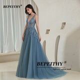 Runhufu Elegant V Neck Gray Blue Long Evening Dresses 2024 Party Sexy Backless Prom Gown Sleeveless Robe De Soiree For Women