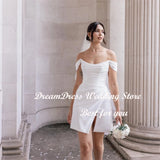 Runhufu Elegant Off Shoulder Satin Short Wedding Party Dress Ruched Open Back Side Slit Mini Simple Second Bridal Gowns