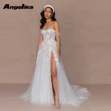 Runhufu Classic Appliques Wedding Gown for Bride Detachable Off the Shoulder A Line Tulle Button High Split Sweep Train