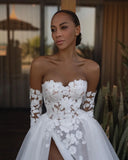 Runhufu fashion Bohemian lace wedding dress A line long sleeve sexy sweetheart backless slit custom new bride dress 2024