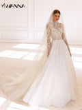 Runhufu High Collar Long Sleeve Wedding Dress Sparkly Sequins Beads Bride Robe Elegant Appliques Long Bridal Gown Robe De Mari¨¦e