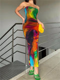 Runhufu Tie-dyed Strapless Bodycon Dress 2024 Summer Beach Party Club Outfit Sleeveless Off-Shoulder Bandeau Wrapped Long Dress