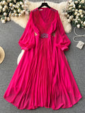 Runhufu Vintage Senior Pleated Dress V Neck Lantern Sleeve Zipper Bow Diamonds High Quality Lady France Elegant A Line Dress