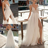 Runhufu 2023 Wedding Dresses Boho Side Slit Spaghetti Strap Sexy Illusion Boho A-Line Pearls Backless Bohemian Vestido De Noiva