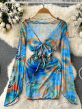 Runhufu Summer Hollow Out Beach Dress Women Long Sleeves Bow Slim Bodycon Sundress Hliday 2024 Transparent Sexy Short Dress
