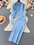 Runhufu Winter Fashion Knitted Suits Women Slim Knit Vest+Elastic Long Skirt+Warm Cardigans 2024 OL Sweater Three Pieces Sets